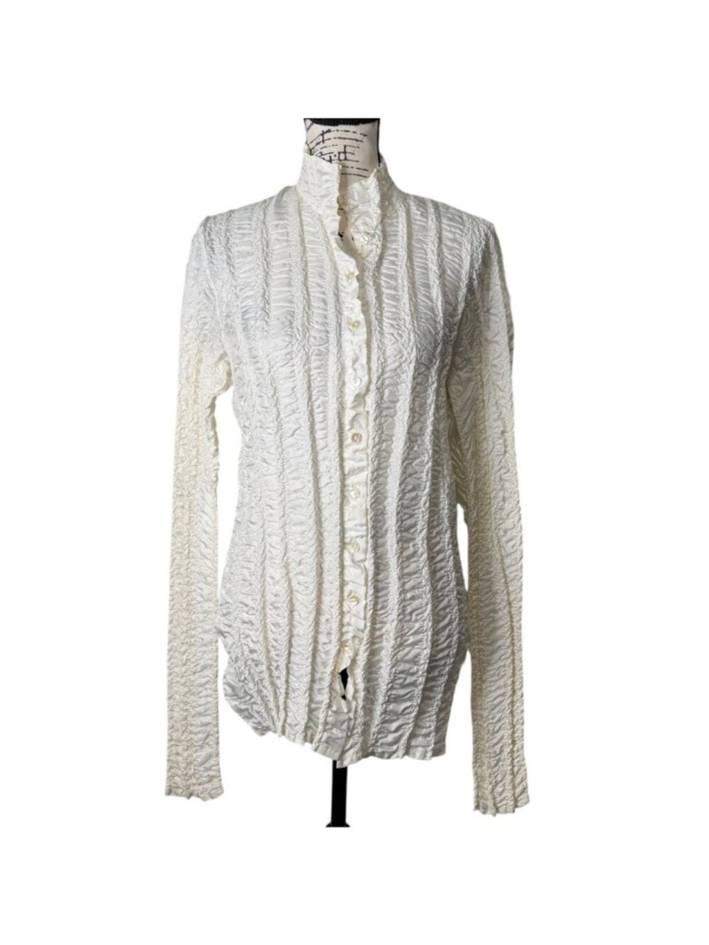Yoshiki Hishinuma Womens Size M Crinkled Top Pleated Cream Button-Up